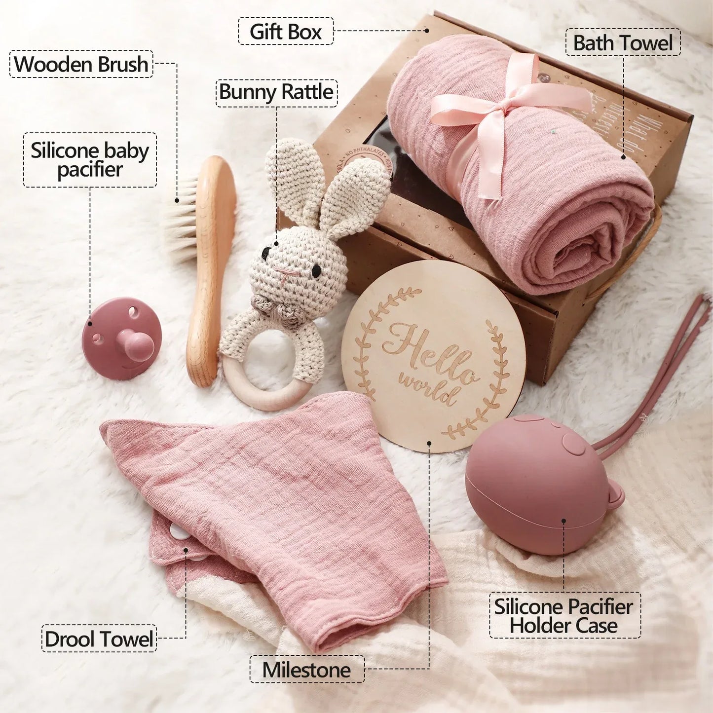 PureBeginnings™ 7-Pc Baby Gift Set | Organic Muslin Towel, Wood Brush & Milestone Disc - bebeika