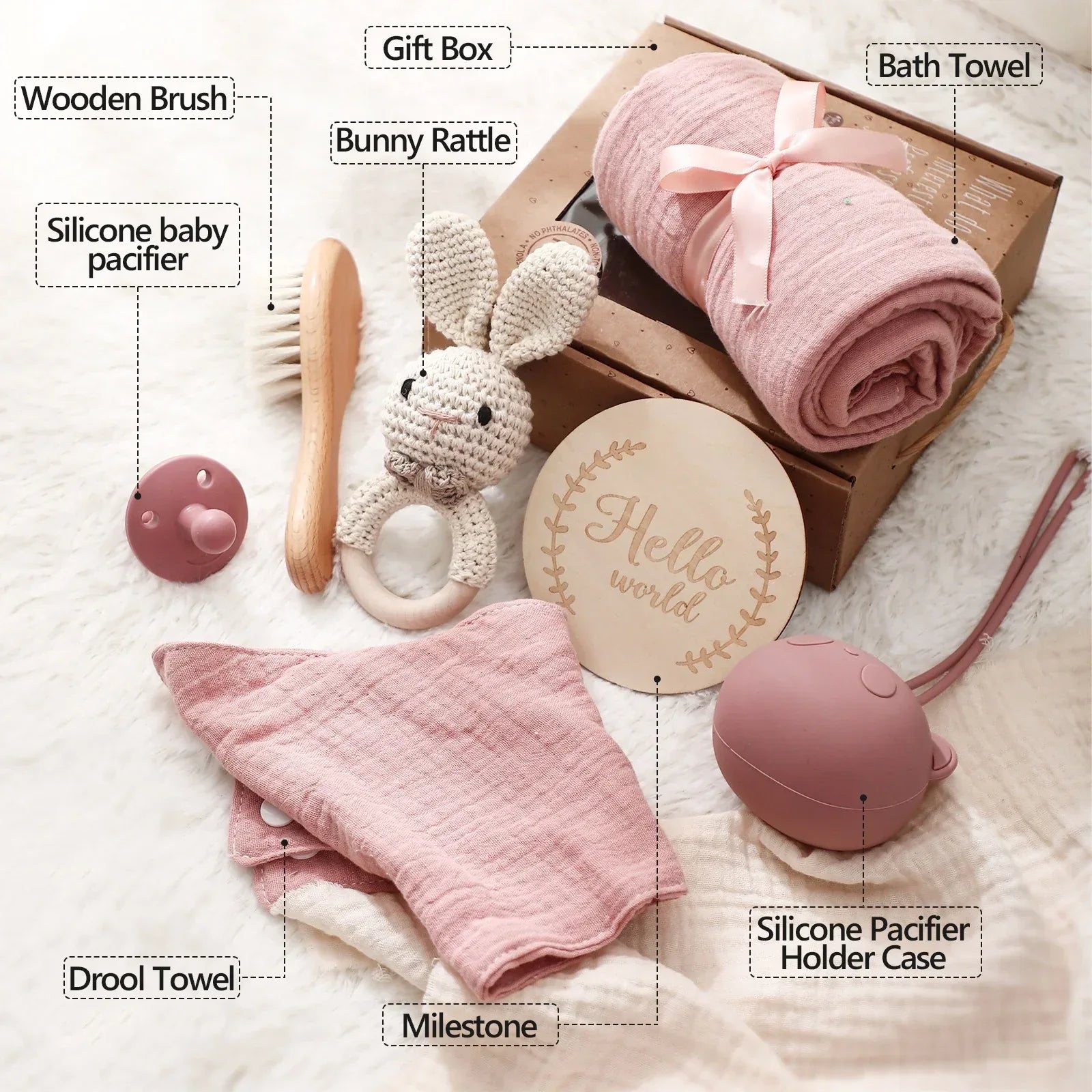 PureBeginnings™ 7-Pc Baby Gift Set | Organic Muslin Towel, Wood Brush & Milestone Disc - bebeika
