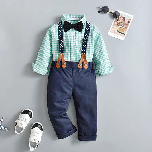 StarGazer™ Boys' 4-Piece Set | Gingham Button-Down & Suspender Trousers - bebeika