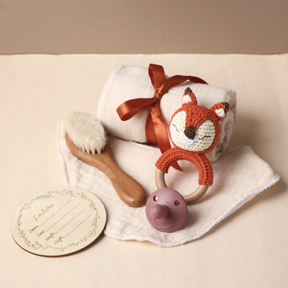 PureBeginnings™ 7-Pc Baby Gift Set | Organic Muslin Towel, Wood Brush & Milestone Disc - bebeika