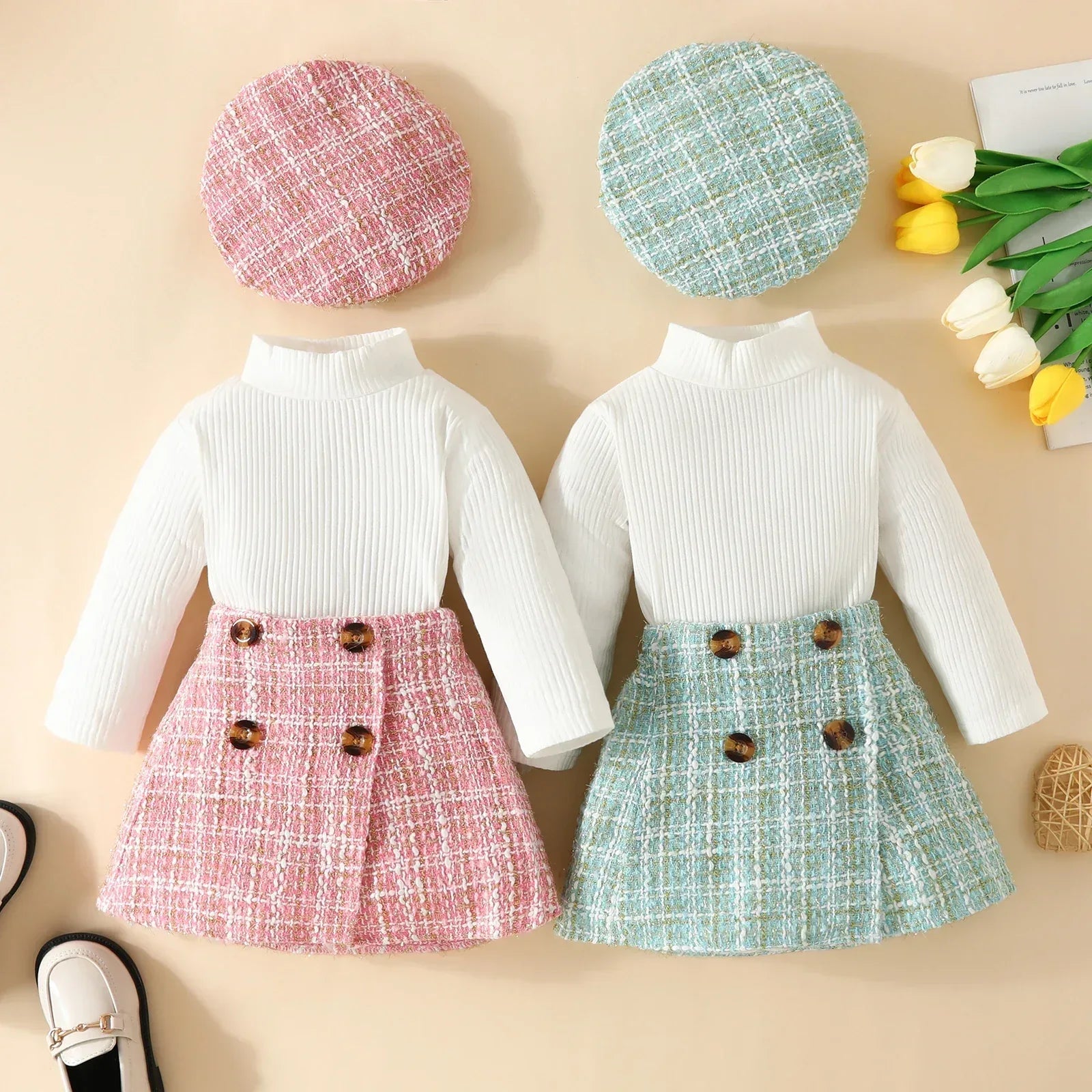 PetiteCouture™ 3-Piece Toddler Set | Knit Sweater & Plaid Skirt - bebeika
