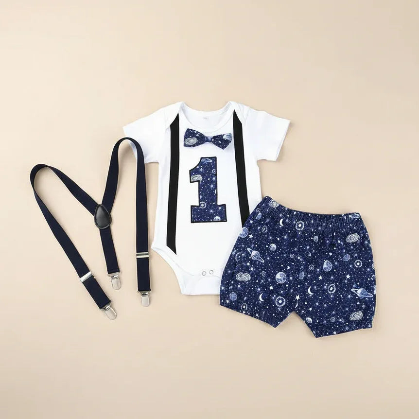WildOne™ Baby Boy 1st Birthday Set | Gentleman Romper & Suspender Shorts - bebeika