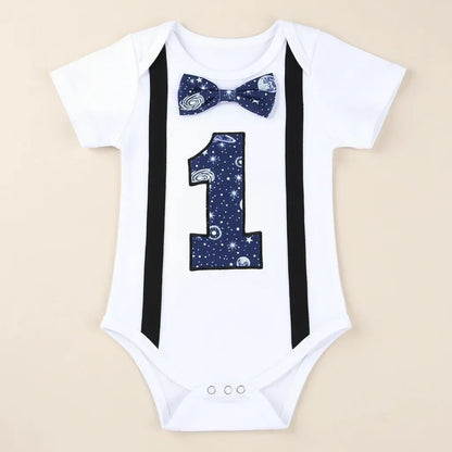 WildOne™ Baby Boy 1st Birthday Set | Gentleman Romper & Suspender Shorts - bebeika