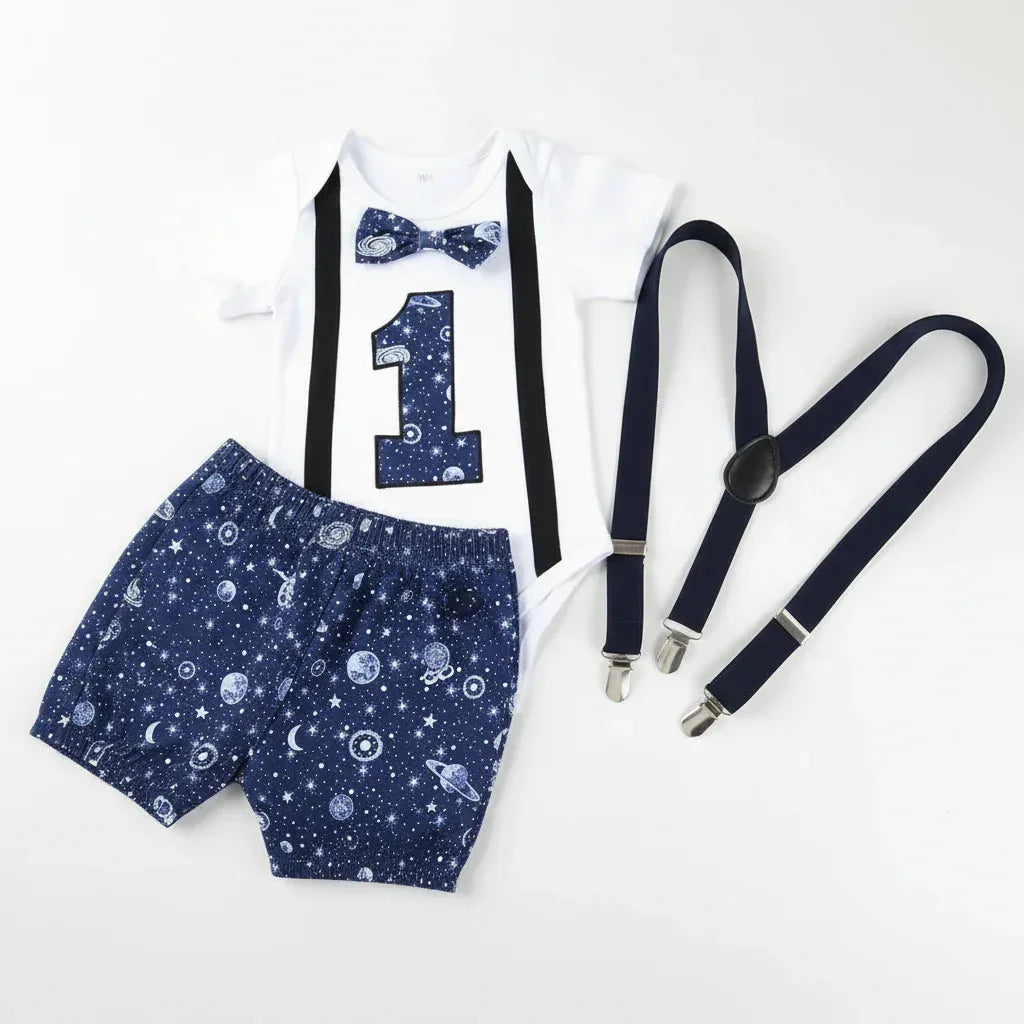 WildOne™ Baby Boy 1st Birthday Set | Gentleman Romper & Suspender Shorts - bebeika