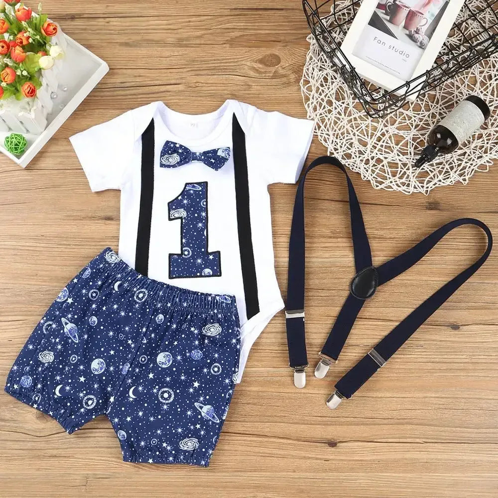 WildOne™ Baby Boy 1st Birthday Set | Gentleman Romper & Suspender Shorts - bebeika
