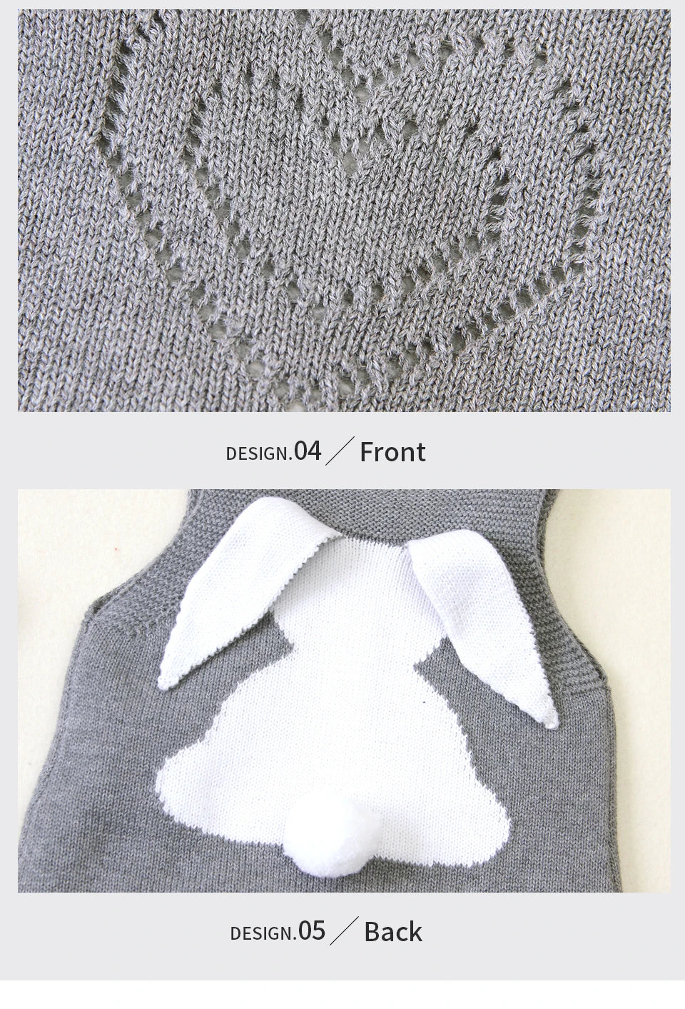 Gray knitted garment with white bunny ears on a white background