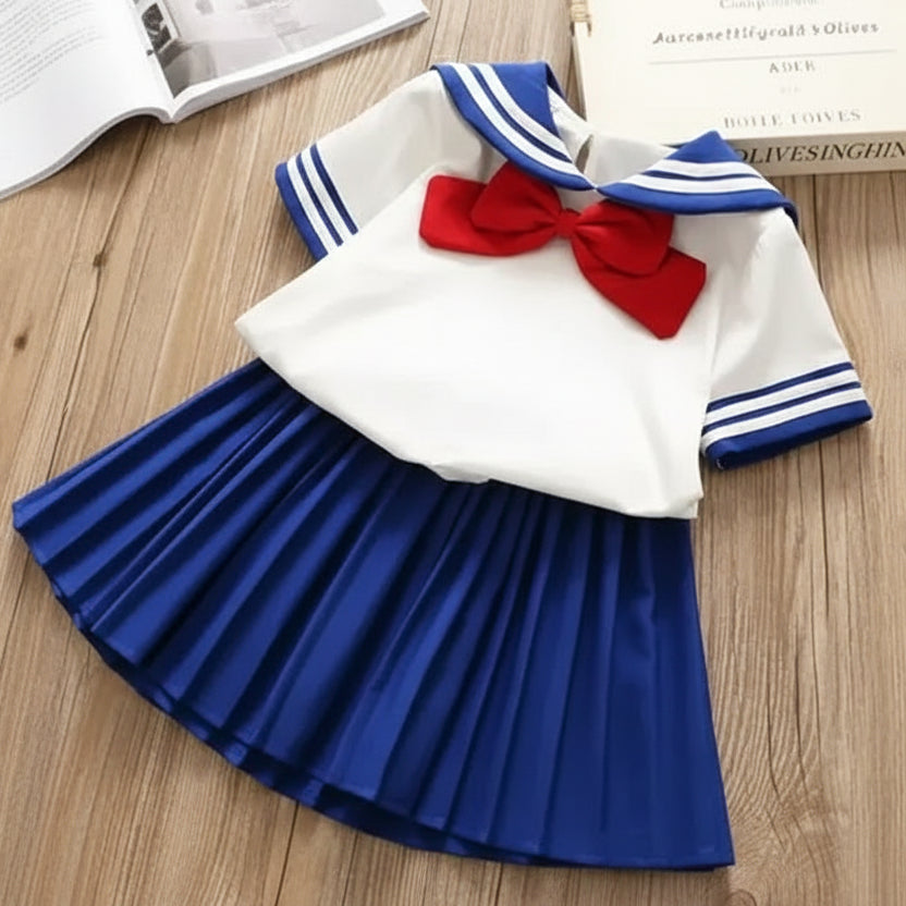 Avenue Academy™ Girls' Preppy Set | Sailor Bow Top & Navy Pleated Skirt - bebeika