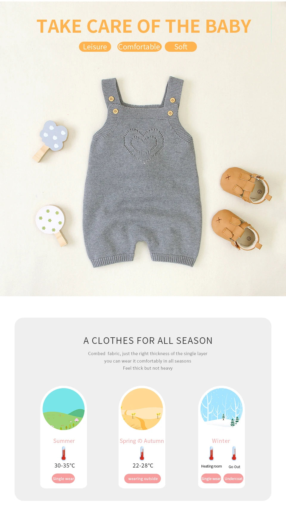 Gray baby romper with heart design on a white background with baby items around.