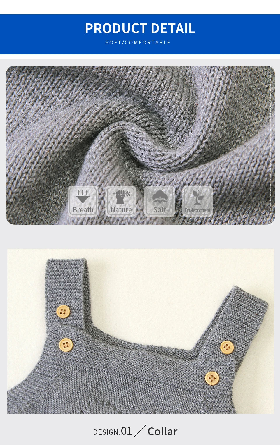 Gray knitted garment with buttons on a mannequin, fabric swatch above, and product detail text.