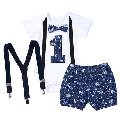 WildOne™ Baby Boy 1st Birthday Set | Gentleman Romper & Suspender Shorts - bebeika