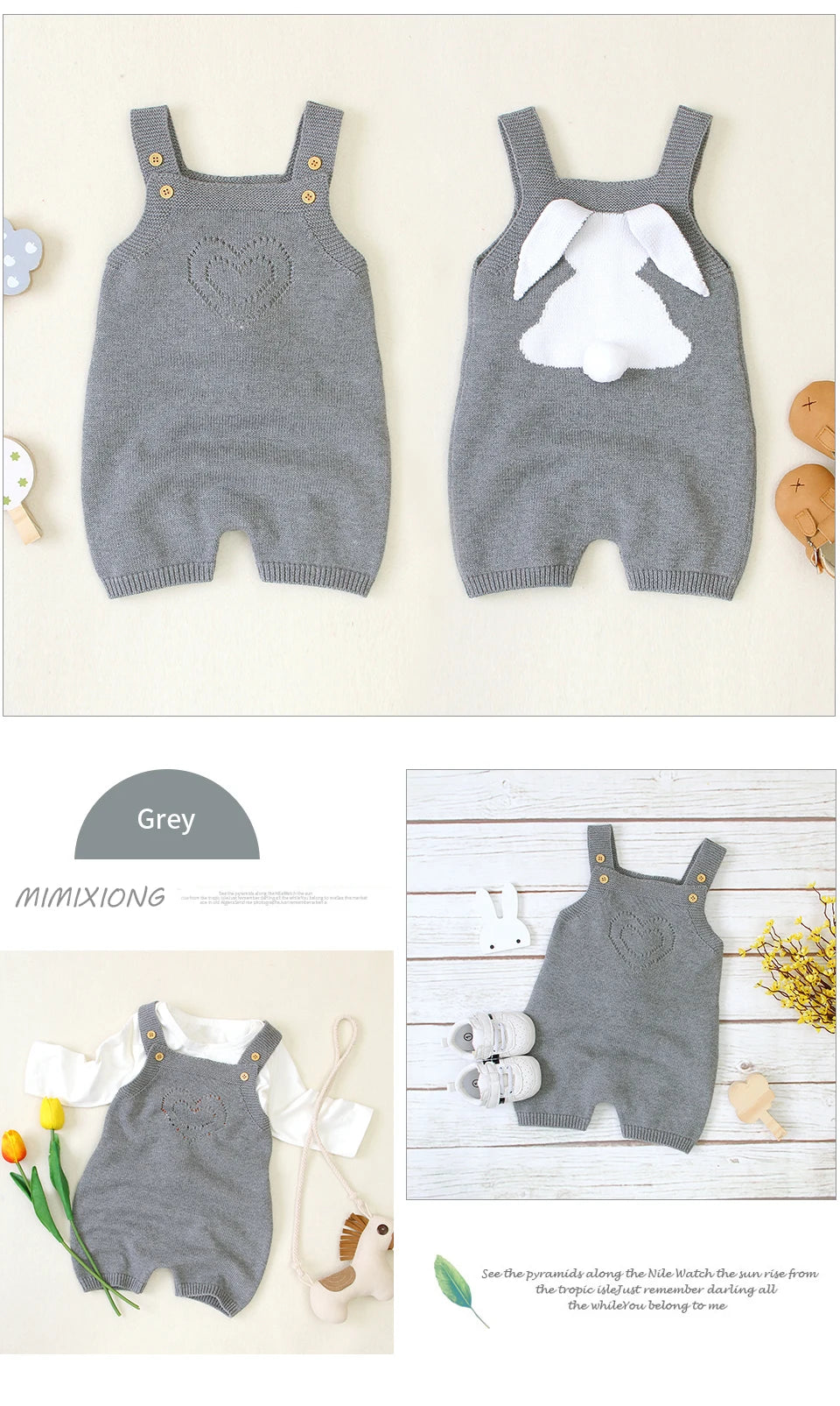 Gray baby romper with heart design and white bear patch on a beige background.