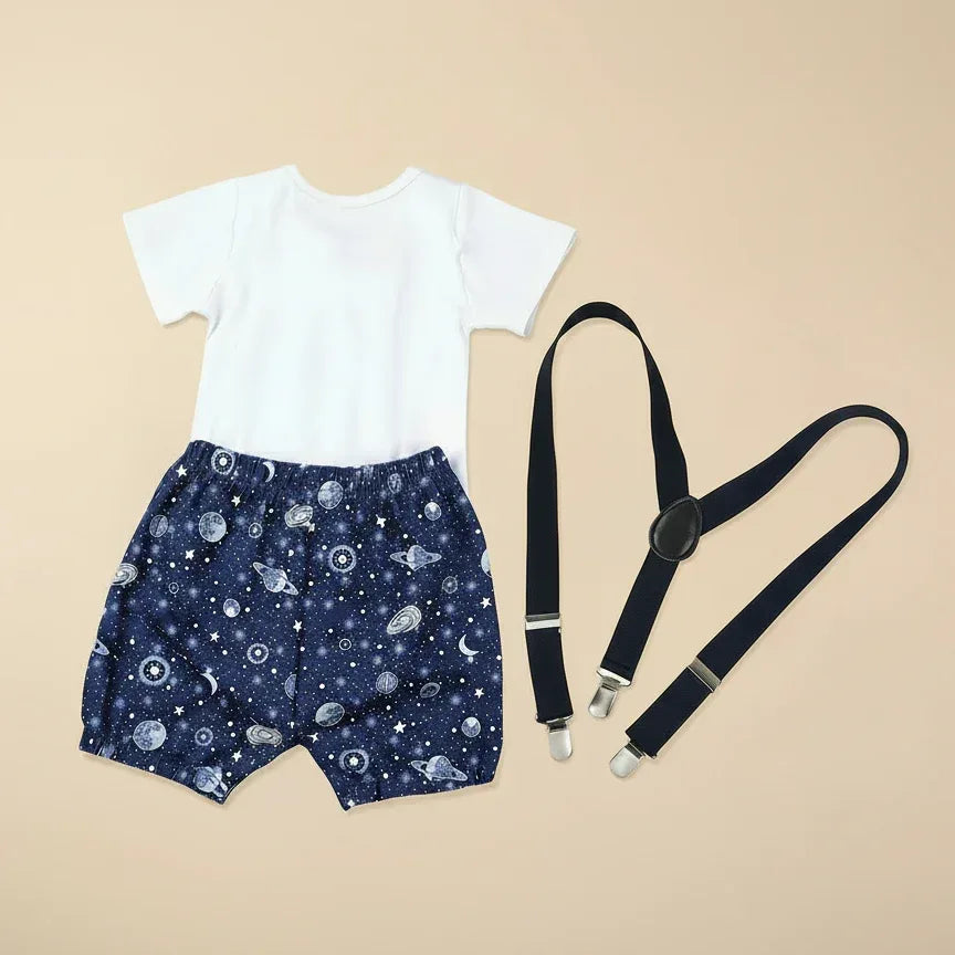 WildOne™ Baby Boy 1st Birthday Set | Gentleman Romper & Suspender Shorts - bebeika