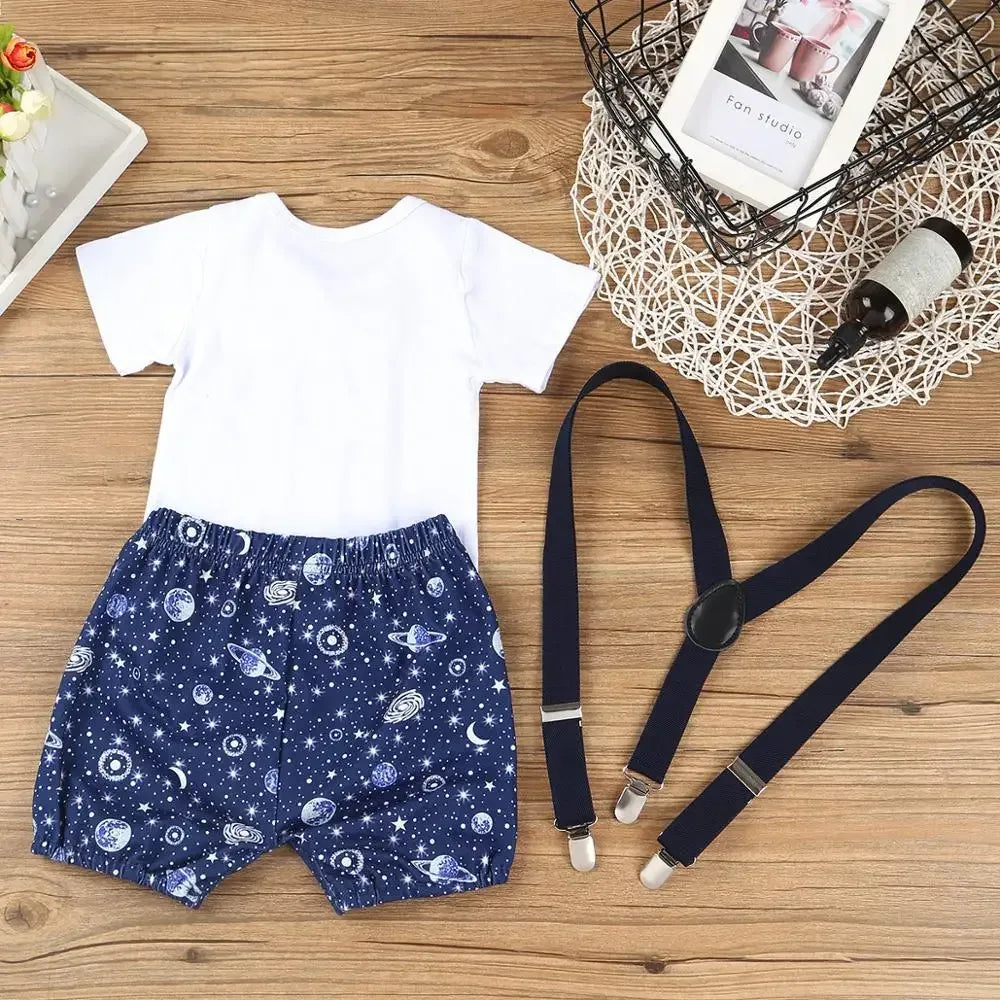 WildOne™ Baby Boy 1st Birthday Set | Gentleman Romper & Suspender Shorts - bebeika
