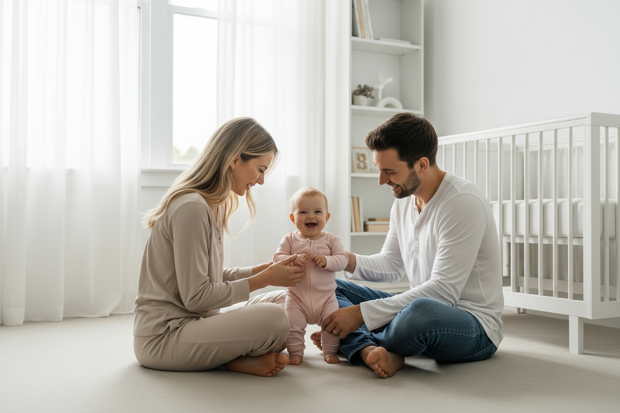 Family with a baby in a bright, minimalistic room.