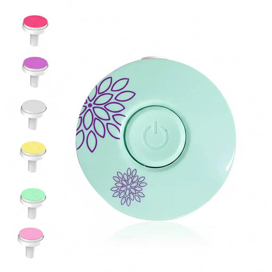 Mint green phone accessory with floral designs and color-changing buttons on a white background