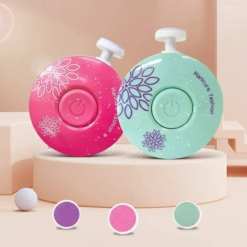 Two round devices, one pink and one green, with floral designs on a beige background.