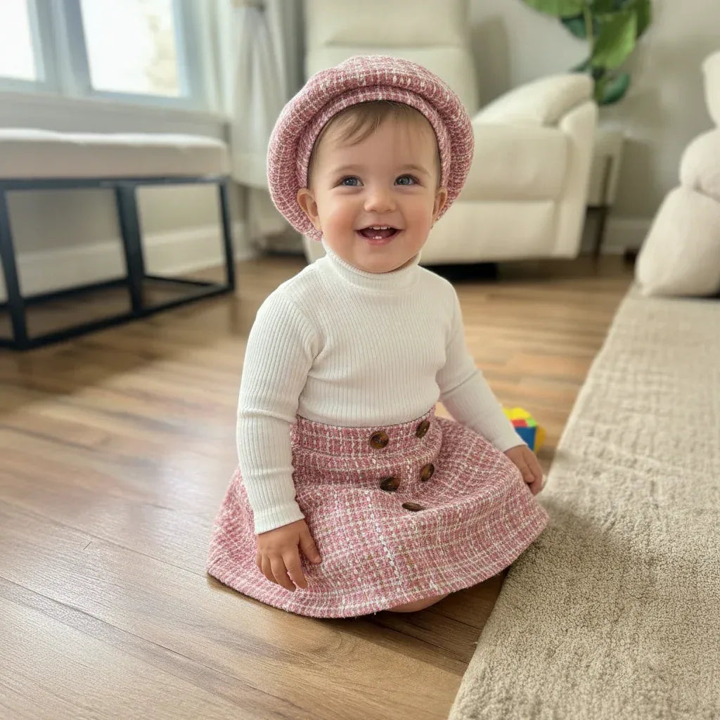 PetiteCouture™ 3-Piece Toddler Set | Knit Sweater & Plaid Skirt - bebeika