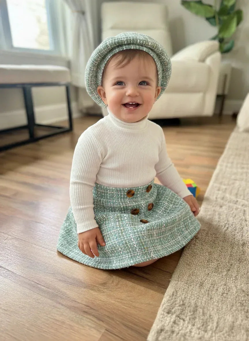PetiteCouture™ 3-Piece Toddler Set | Knit Sweater & Plaid Skirt - bebeika