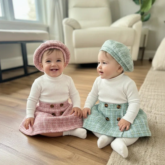 PetiteCouture™ 3-Piece Toddler Set | Knit Sweater & Plaid Skirt - bebeika