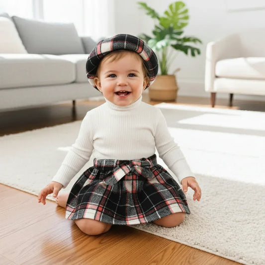 HeritageKnit™ 3-Piece Toddler Outfit | Knit Sweater & Plaid Skirt - bebeika