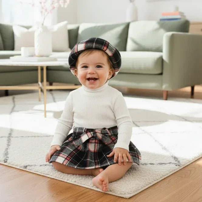 HeritageKnit™ 3-Piece Toddler Outfit | Knit Sweater & Plaid Skirt - bebeika