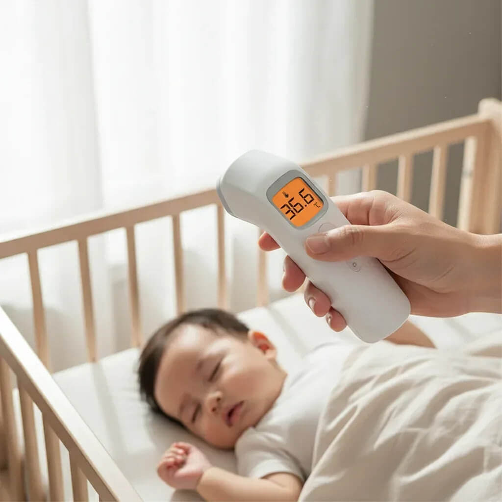 Baby in crib with a digital thermometer showing a temperature reading.