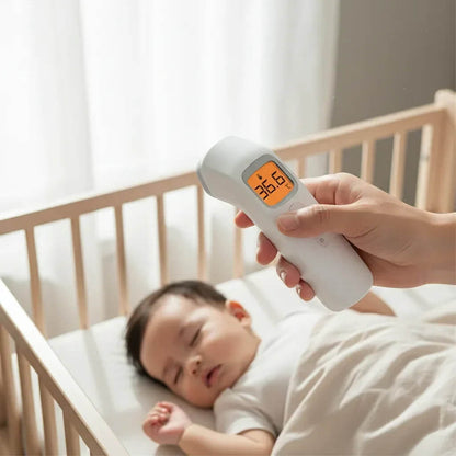 Baby in crib with a digital thermometer showing a temperature reading.