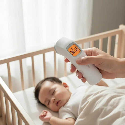Baby in crib with a digital thermometer showing a temperature reading.