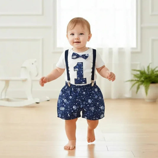 WildOne™ Baby Boy 1st Birthday Set | Gentleman Romper & Suspender Shorts - bebeika