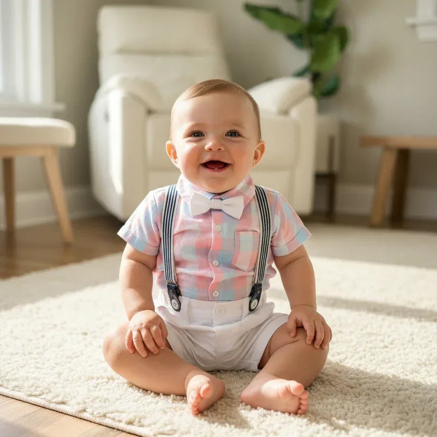 LittleVIP™ Baby Boy Suspender Set | Plaid Bodysuit & Shorts Suit - bebeika