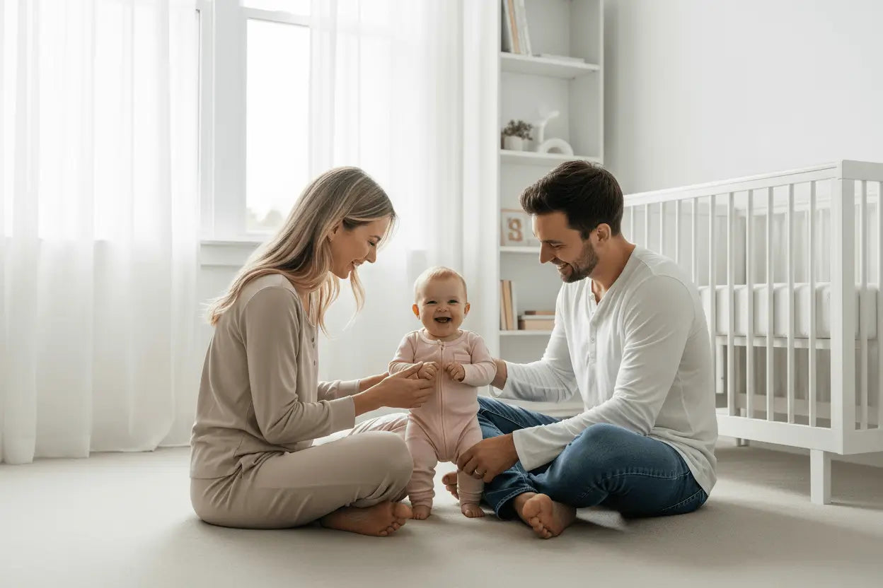 Family of three in a bright, minimalistic room with a crib.
