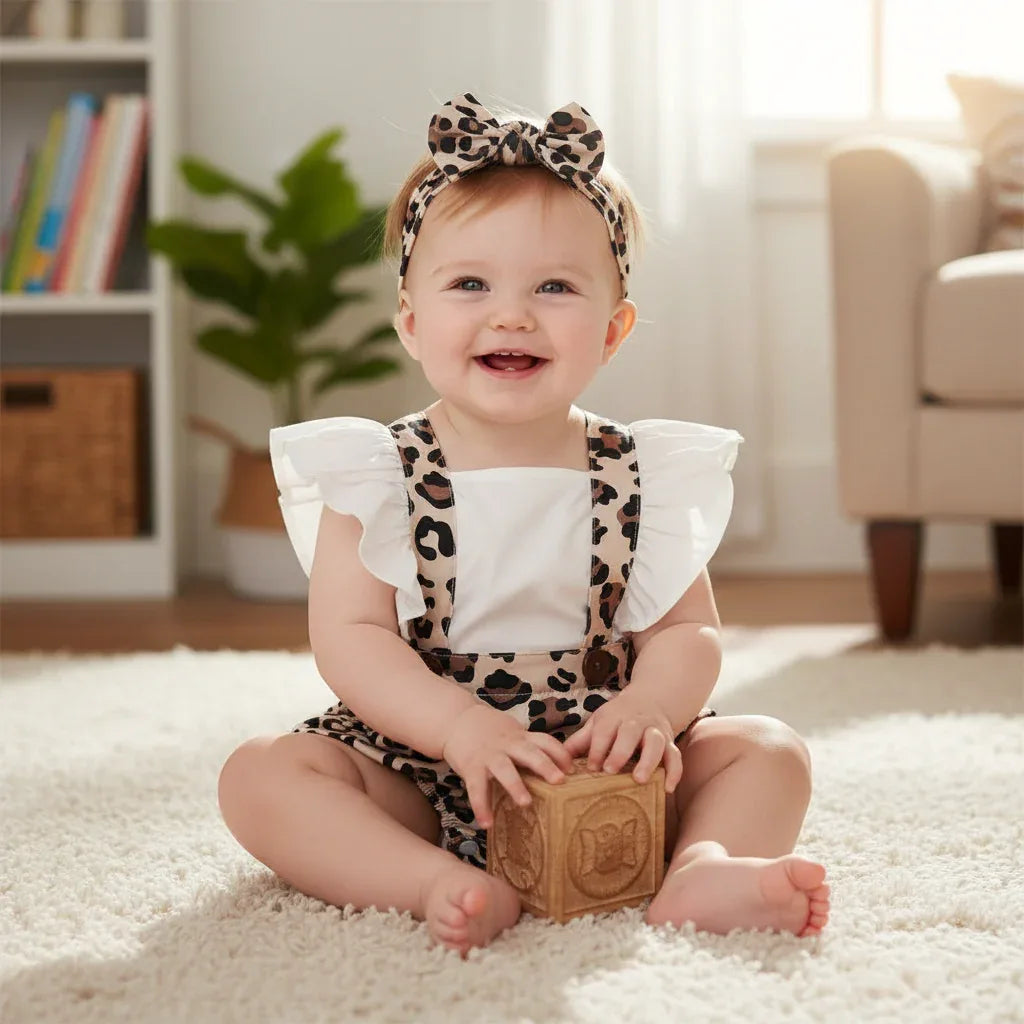 WildHeart™ Baby Leopard Romper | Ruched Sleeveless Jumper & Headband Set - bebeika