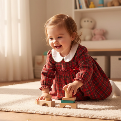 Child playing with wooden blocks on a rug in a bright room
