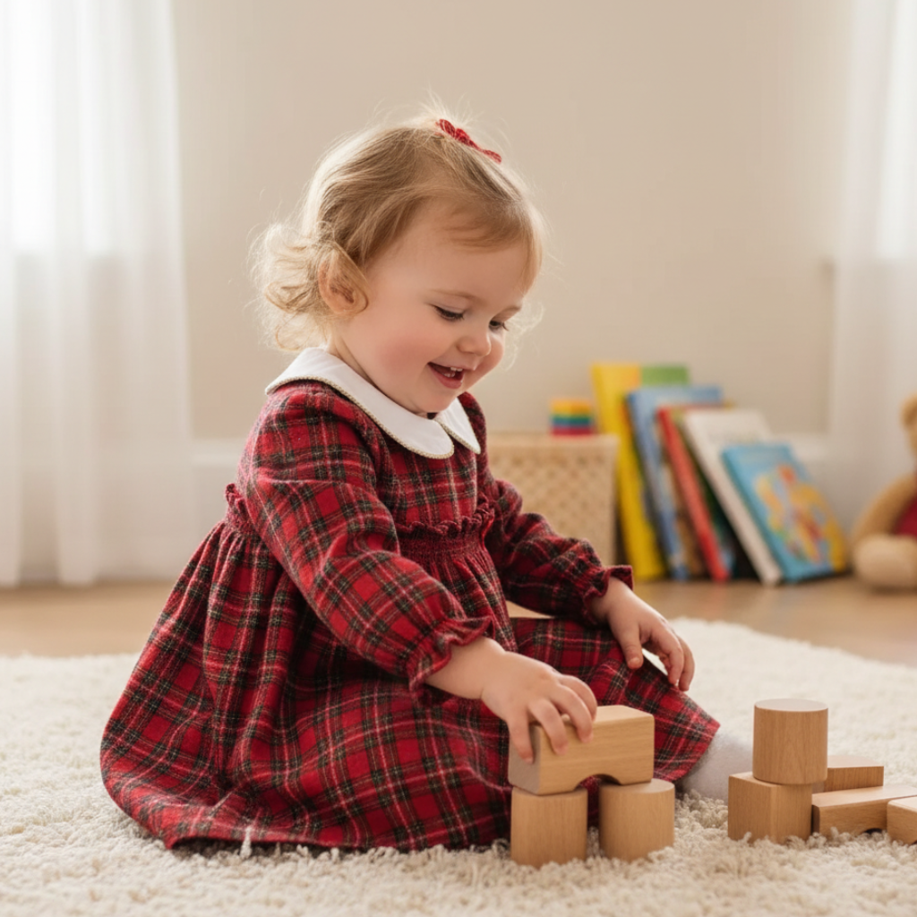 Child in a red plaid dress playing with wooden blocks on a carpeted floor.