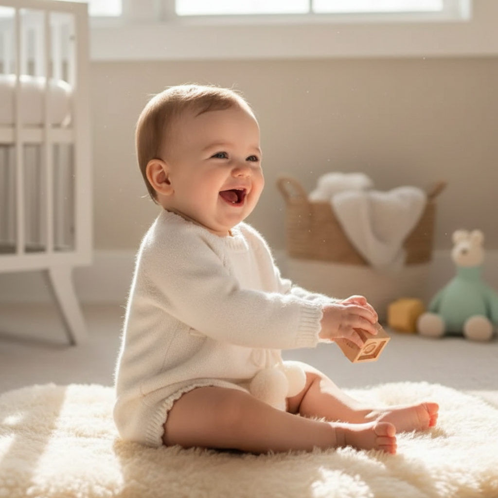 Baby sitting on a fluffy rug in a bright nursery