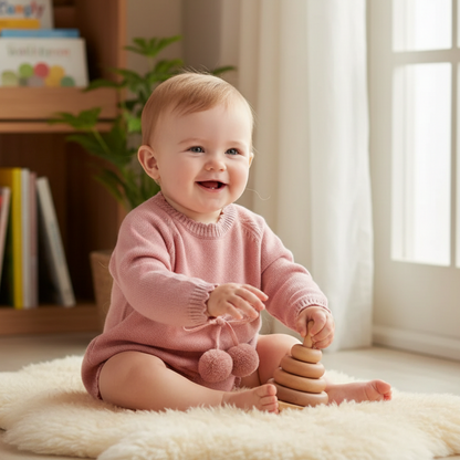 Baby in a pink sweater playing with a wooden toy on a fluffy rug.
