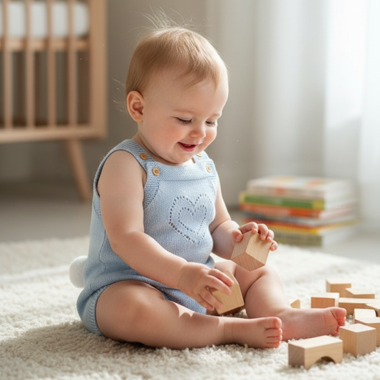 Baby playing with wooden blocks on a carpeted floor in a nursery.