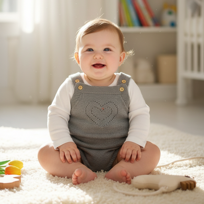 Baby sitting on a rug in a room with books and toys