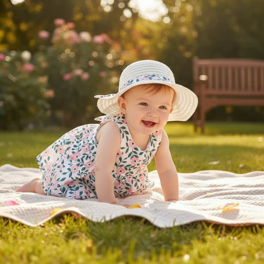 Child in a floral dress and sun hat sitting on a blanket in a park.