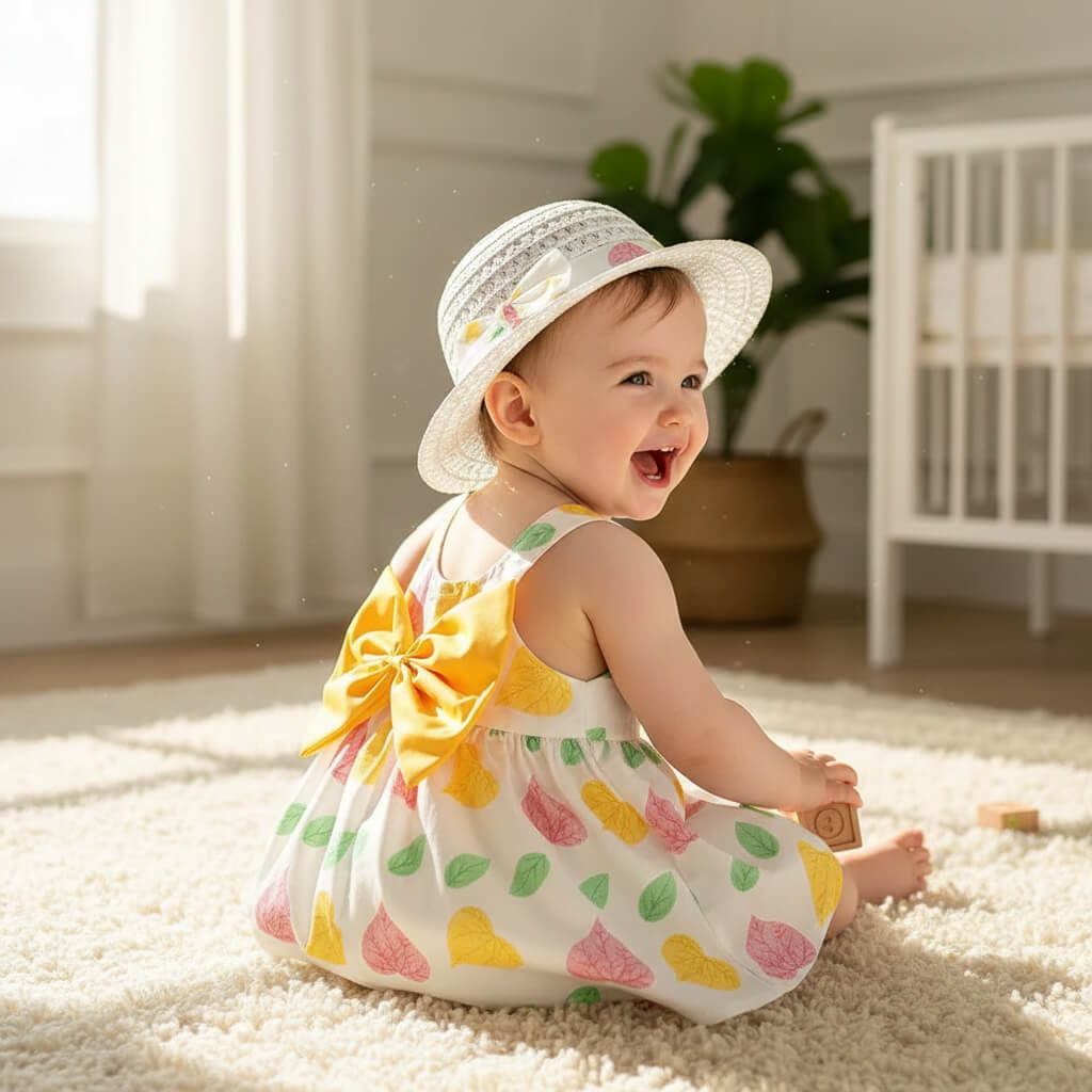 Baby in a colorful dress and sun hat sitting on a carpeted floor.