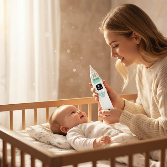 Woman holding a baby and a bottle in a crib with a soft, warm background
