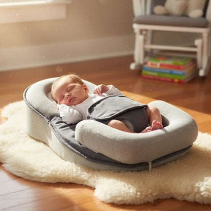 Newborn baby sleeping in a gray baby seat on a wooden floor with books and a chair in the background.