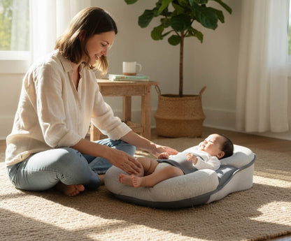 Woman sitting on the floor with a baby on a cushion in a bright room with a plant and table.