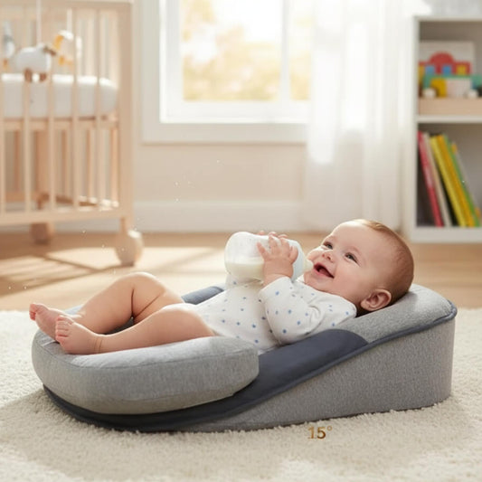 Baby lying on a cushioned play mat in a nursery holding a bottle.