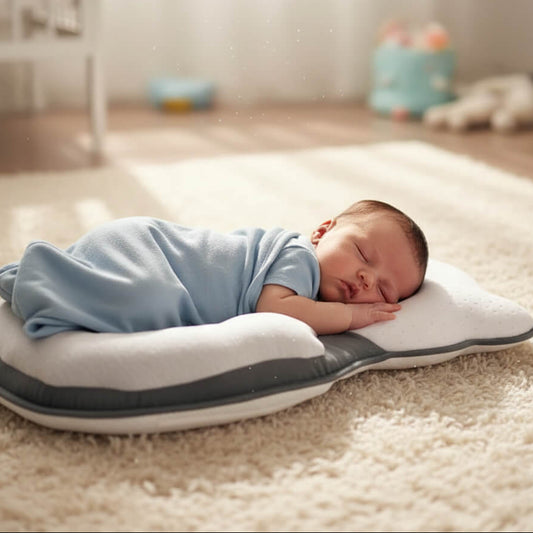 Baby sleeping on a white and gray pillow in a nursery