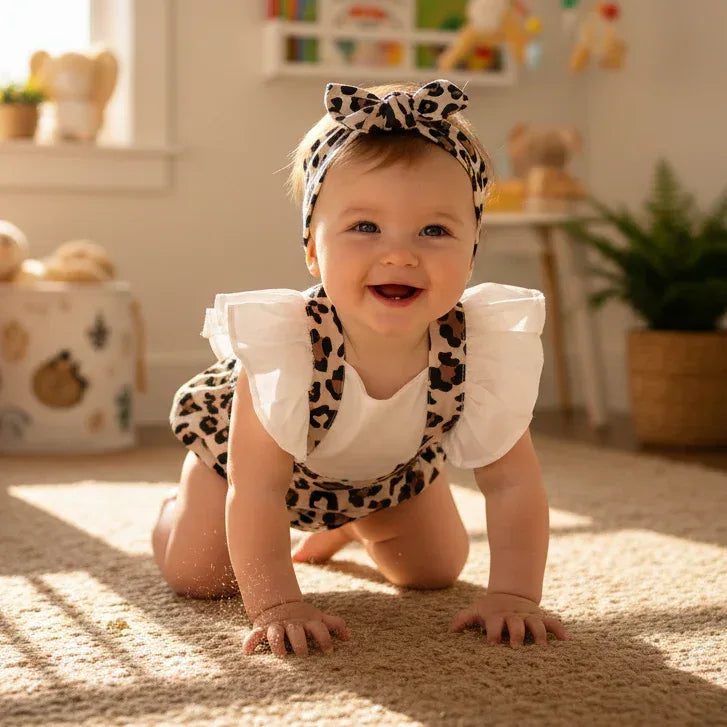 WildHeart™ Baby Leopard Romper | Ruched Sleeveless Jumper & Headband Set - bebeika