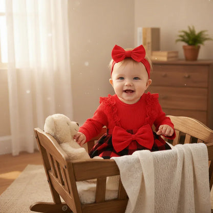 JingleBelle™ Baby Christmas Romper Dress | Red Plaid Long-Sleeve Holiday Gown - bebeika