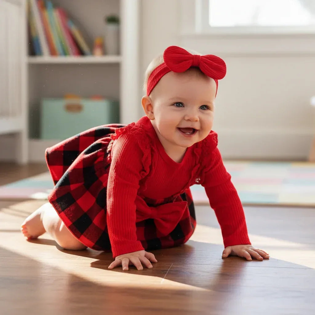 JingleBelle™ Baby Christmas Romper Dress | Red Plaid Long-Sleeve Holiday Gown - bebeika