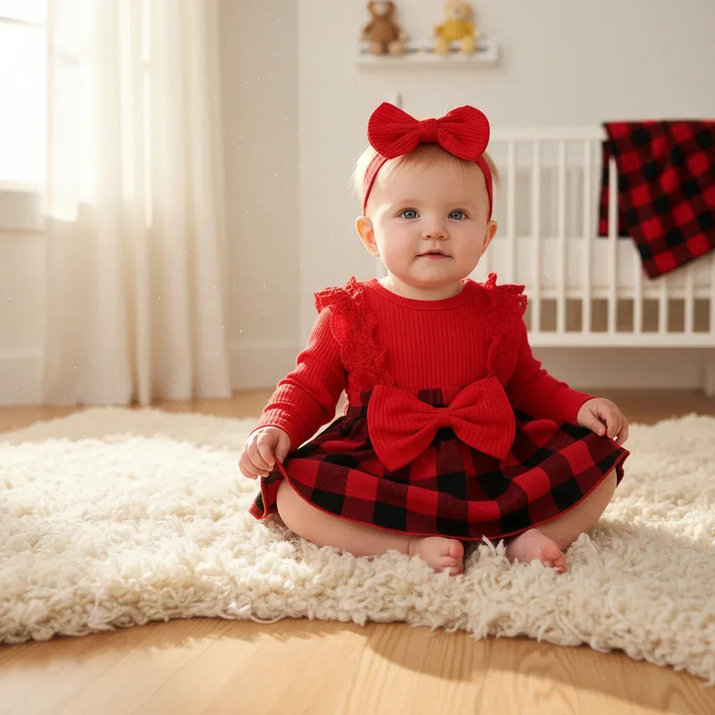 JingleBelle™ Baby Christmas Romper Dress | Red Plaid Long-Sleeve Holiday Gown - bebeika