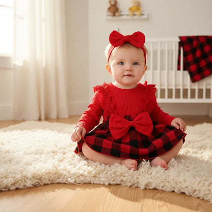 JingleBelle™ Baby Christmas Romper Dress | Red Plaid Long-Sleeve Holiday Gown - bebeika